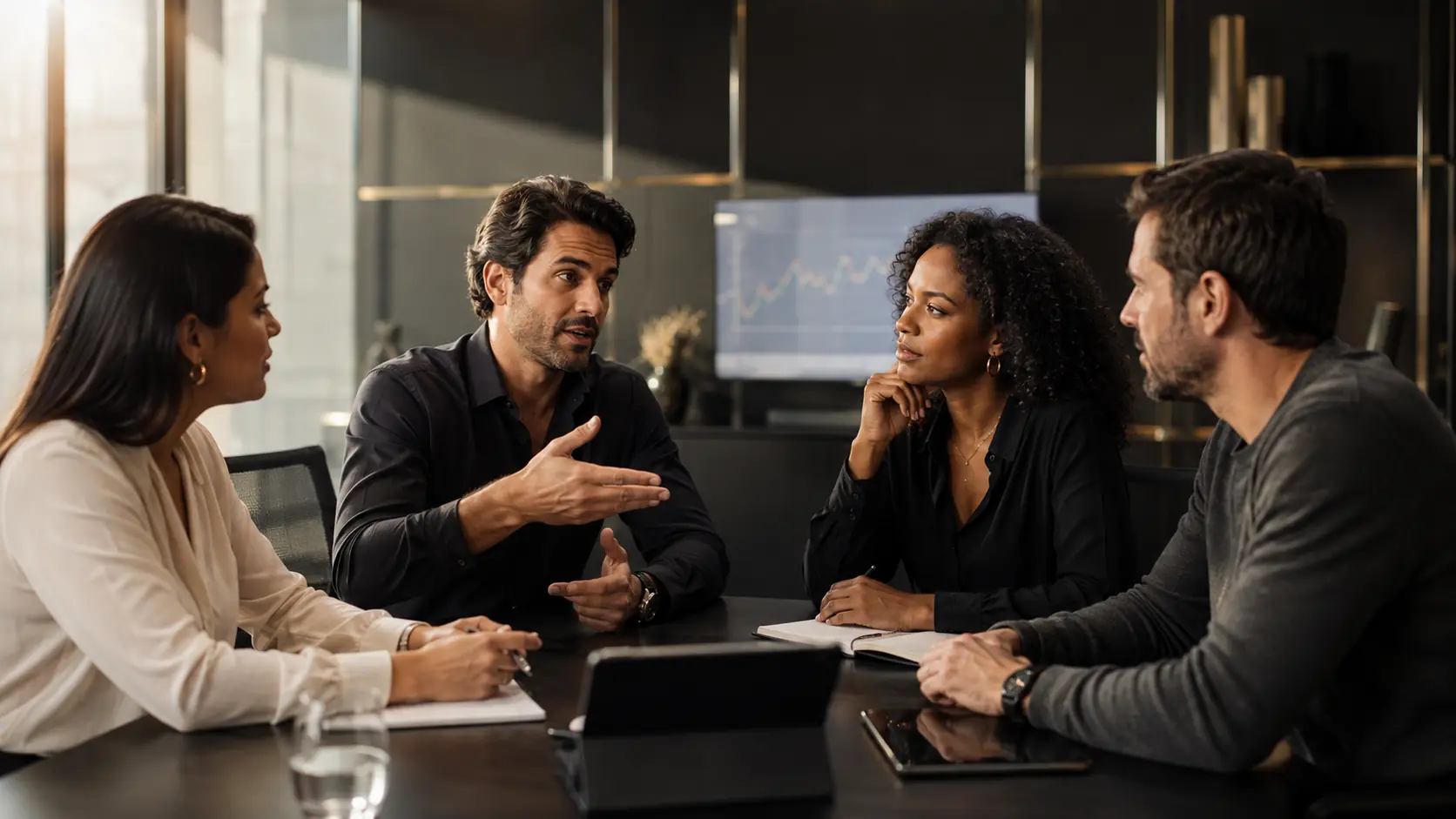 Equipe de profissionais financeiros colaborando em uma reunião